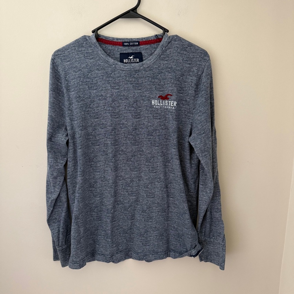 Hollister Mens Long Sleeve Graphic T-Shirt Blue Marl Cotton Small Logo Tee